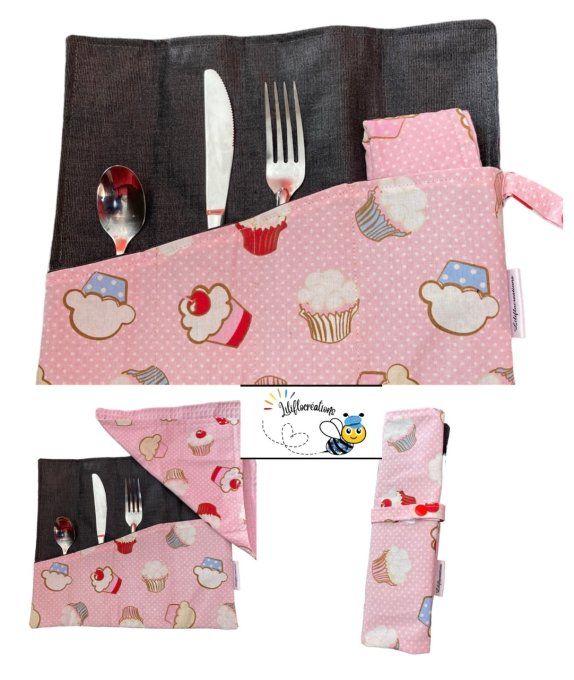 pochette à couverts cupcakes gourmands rose et grise