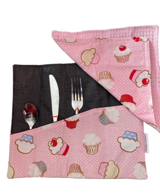 pochette à couverts cupcakes gourmands rose et grise