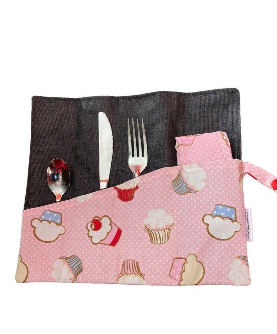 pochette à couverts cupcakes gourmands rose et grise