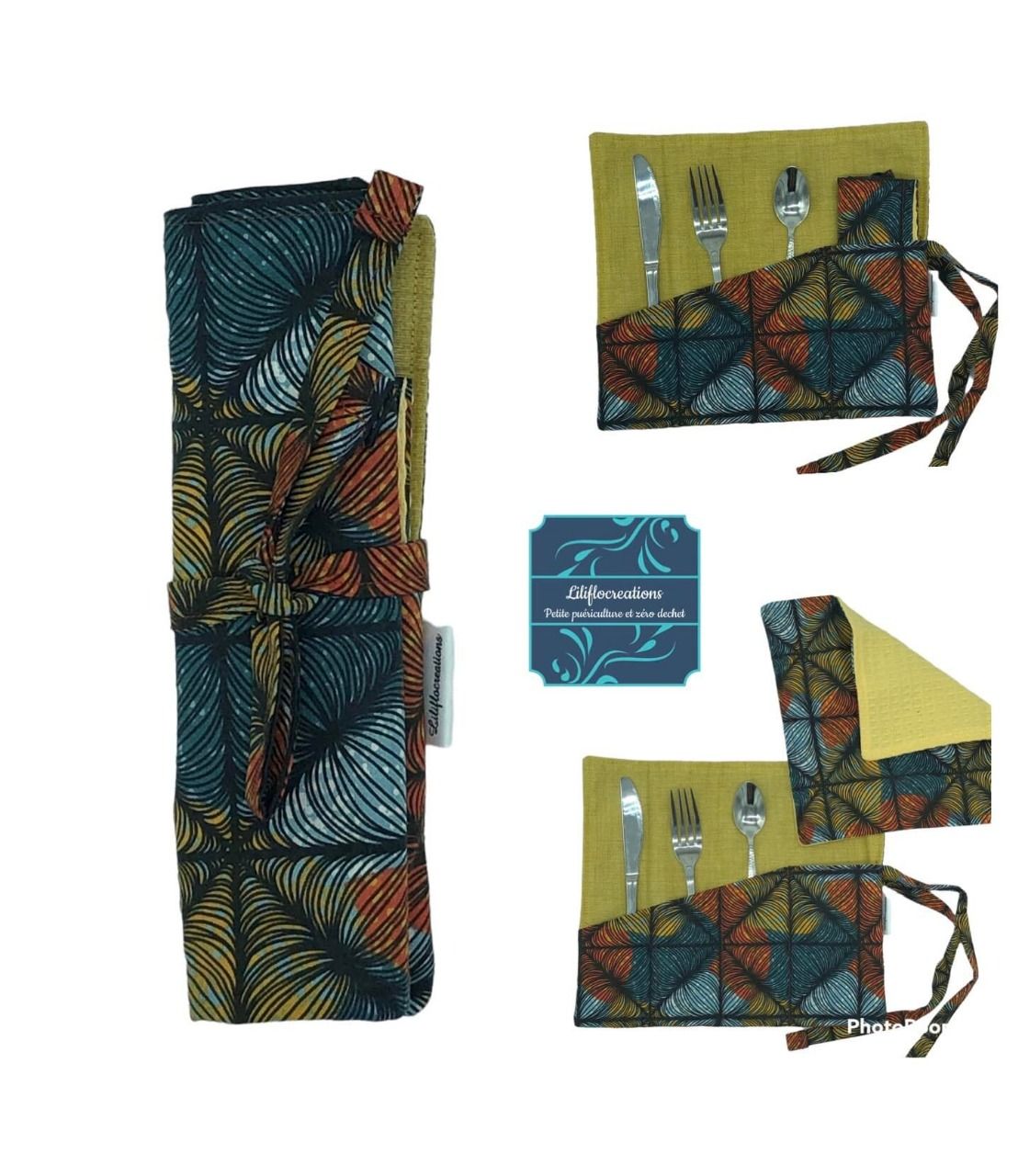 pochette à couverts wax bleue jaune et orange et serviette assortie